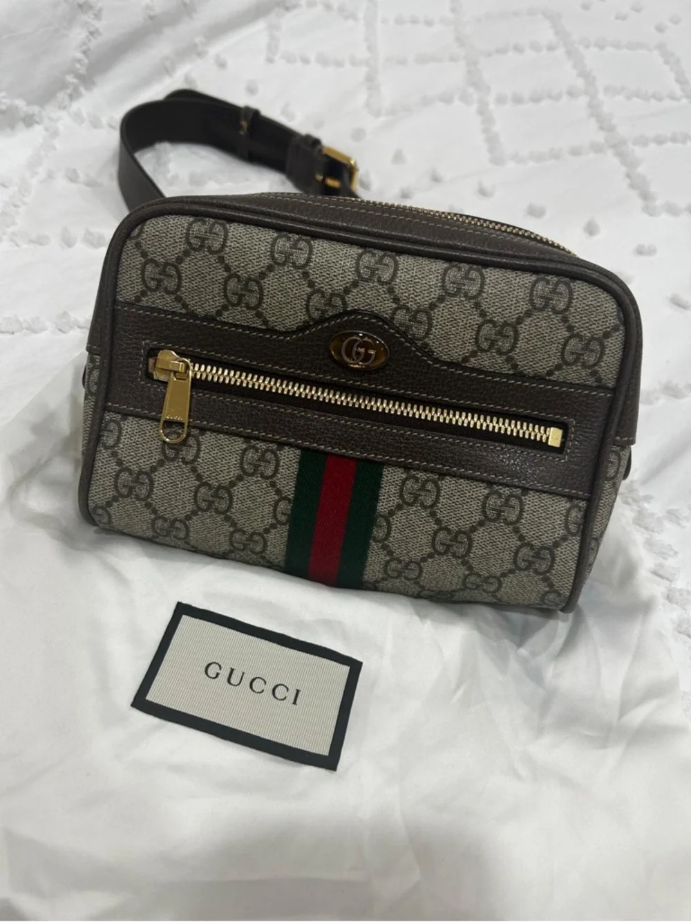 Gucci Monogram Canvas belt bag with Brown Leather Trim and Gold Hardware - Picture 1 of 7